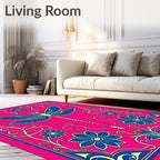 Vibrant Pink Blue Dragonfly Floral Border Rug