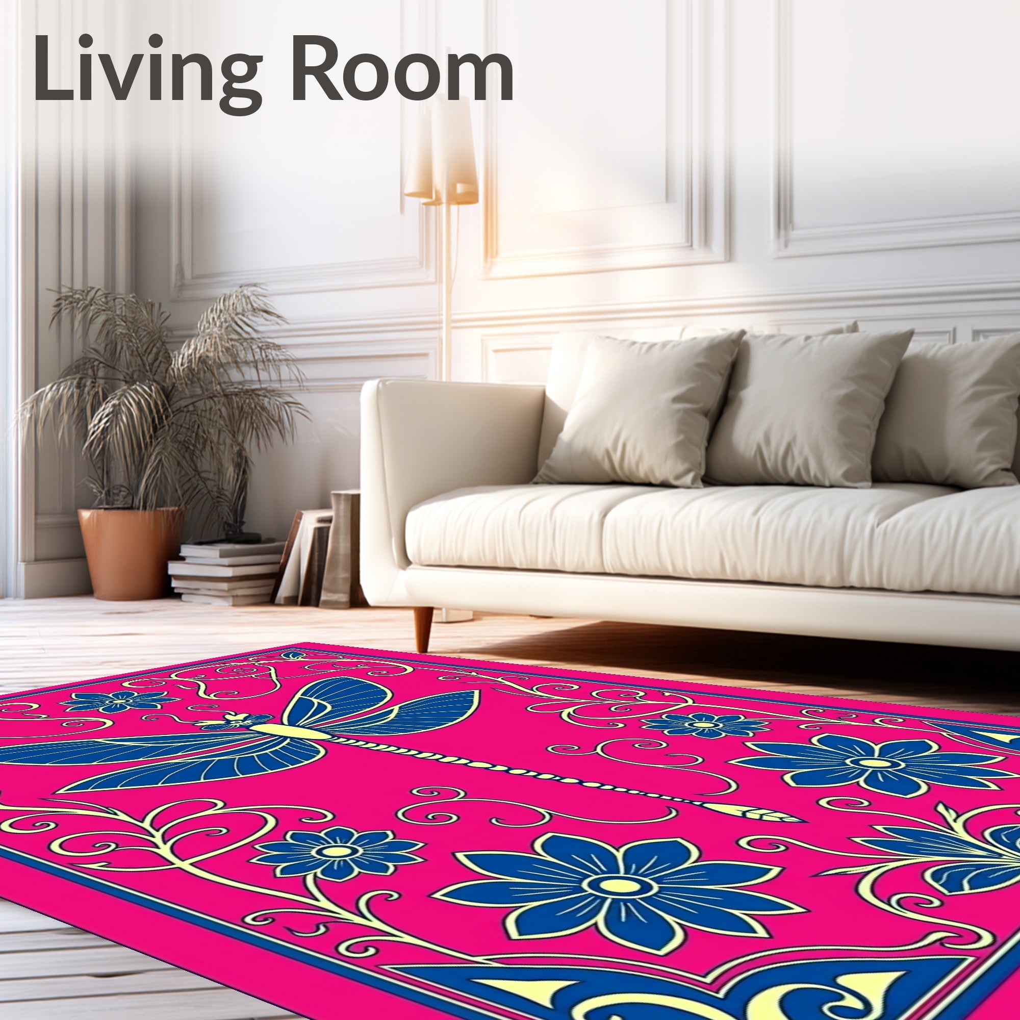 Vibrant Pink Blue Dragonfly Floral Border Rug