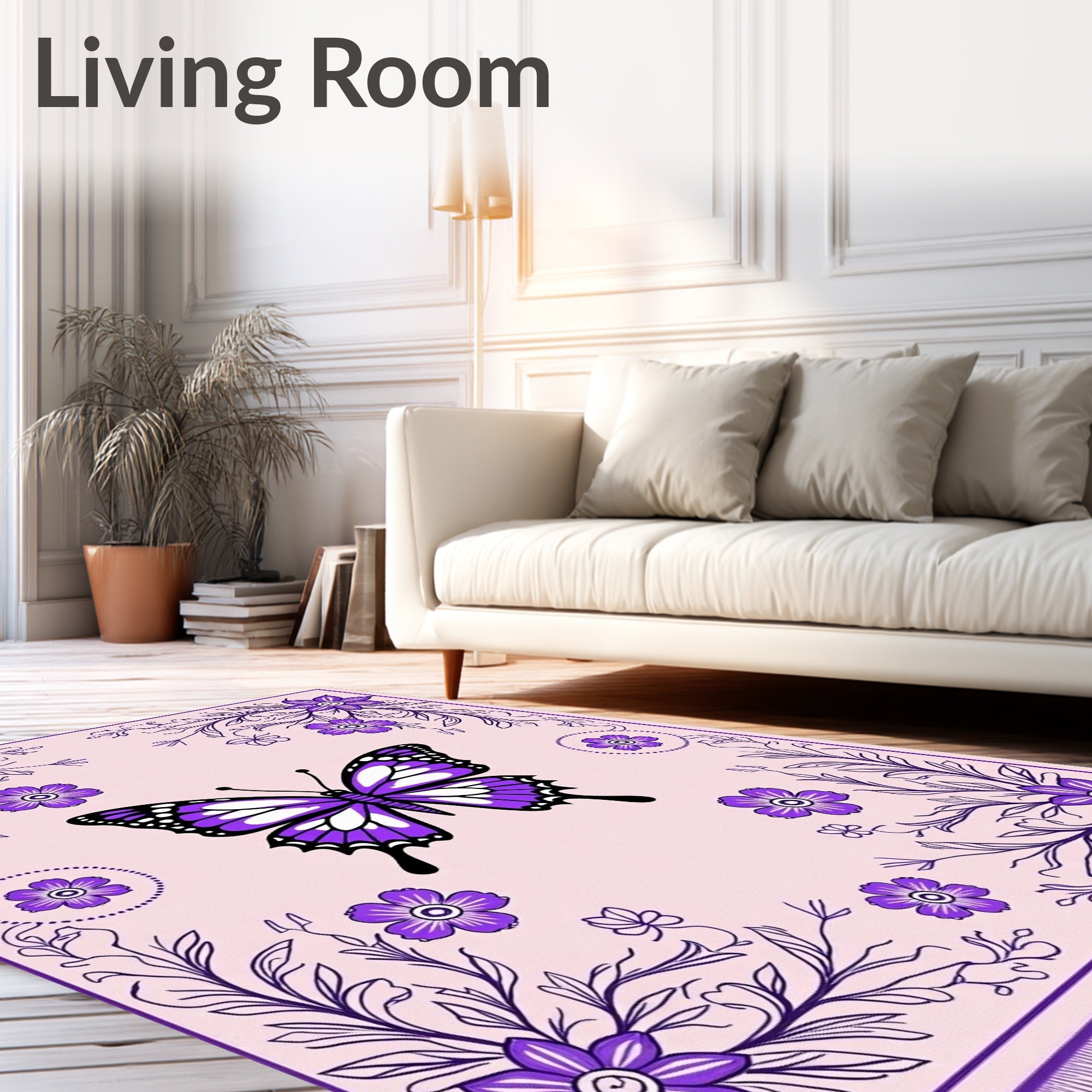Purple Butterfly Floral Sprigs Rug
