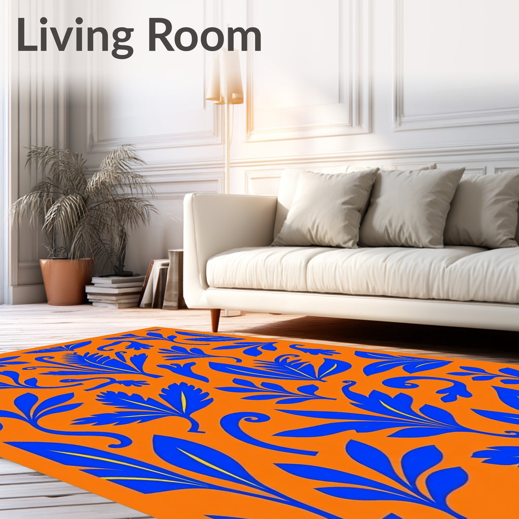 Bold Blue Floral Orange Foliage Rug