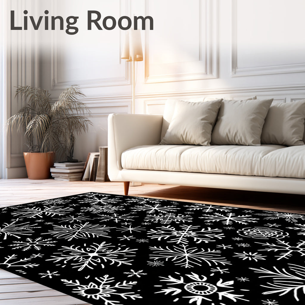 White Snowflake All Over Black Background Rug