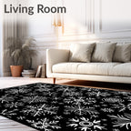 White Snowflake All Over Black Background Rug