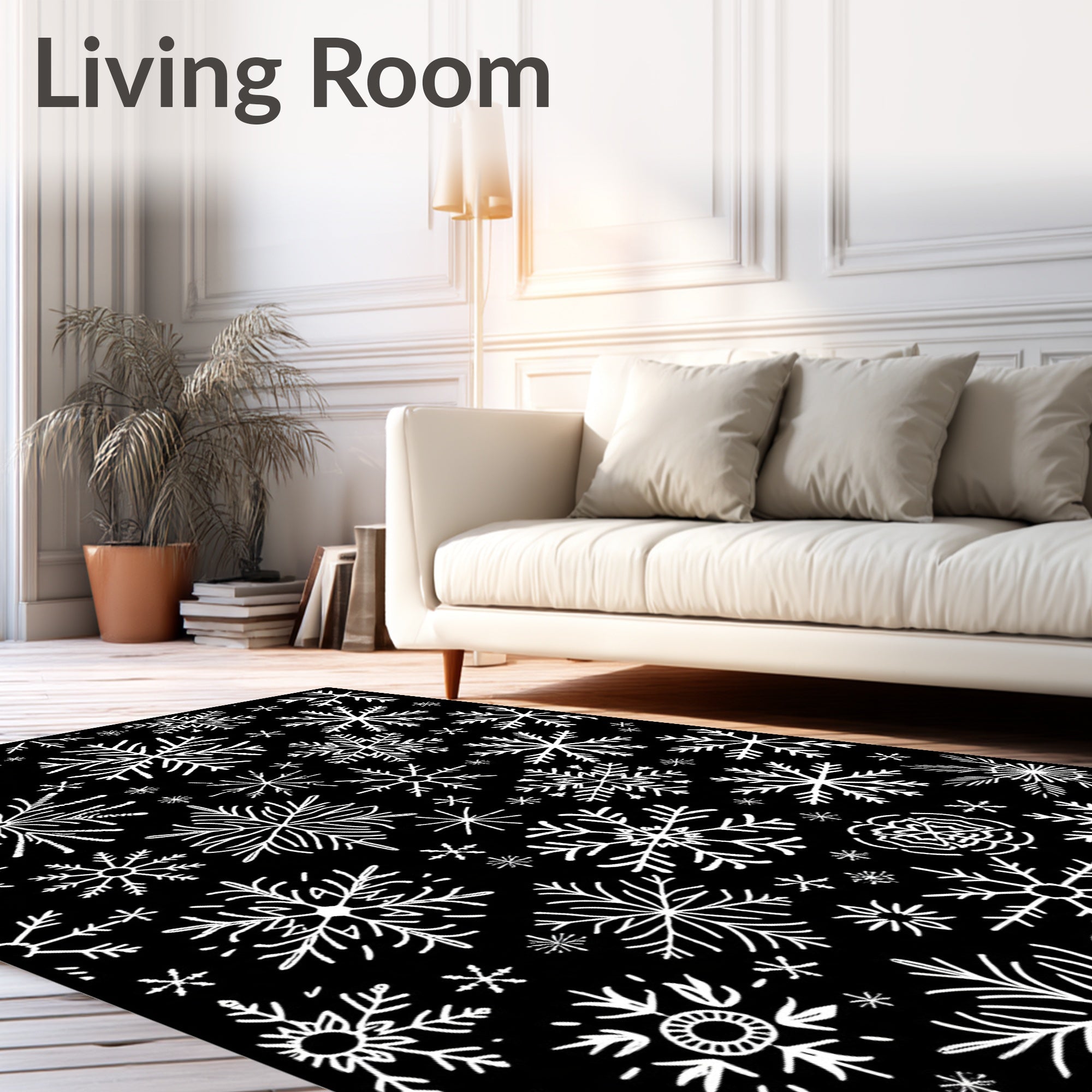 White Snowflake All Over Black Background Rug