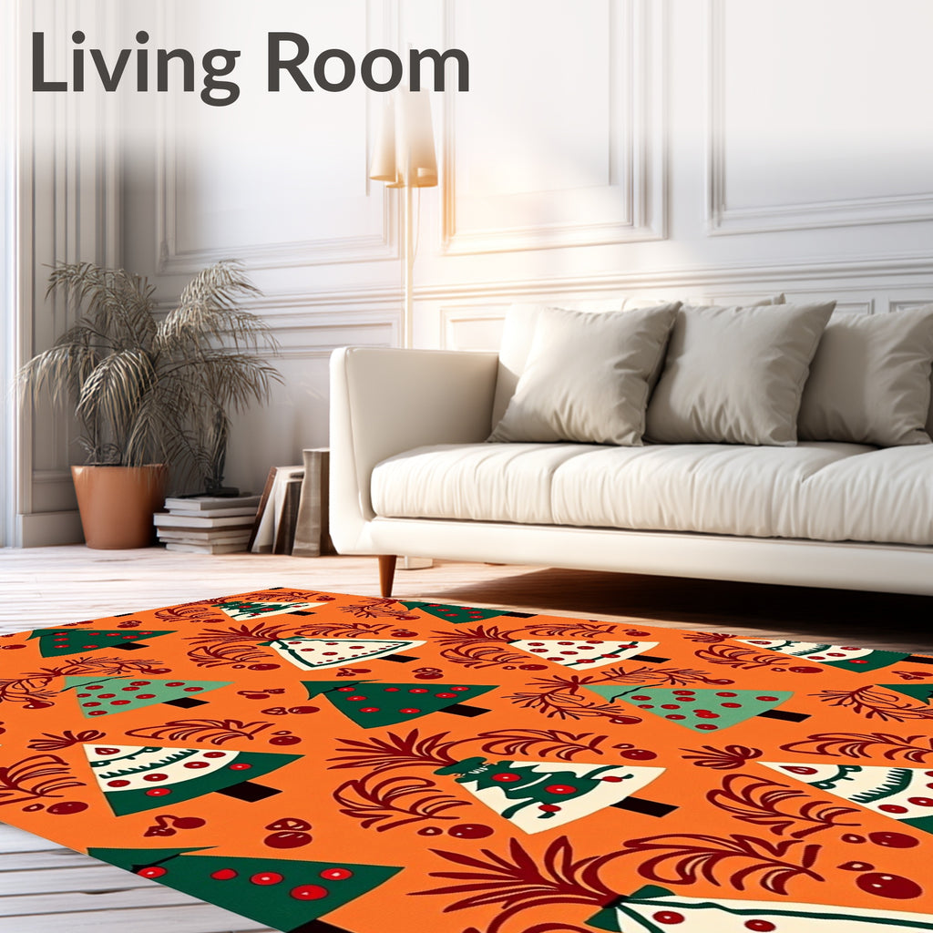 Festive Orange Evergreen Christmas Trees Rug