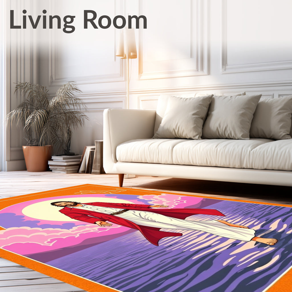 Bold Red Figure on Water Background Rug