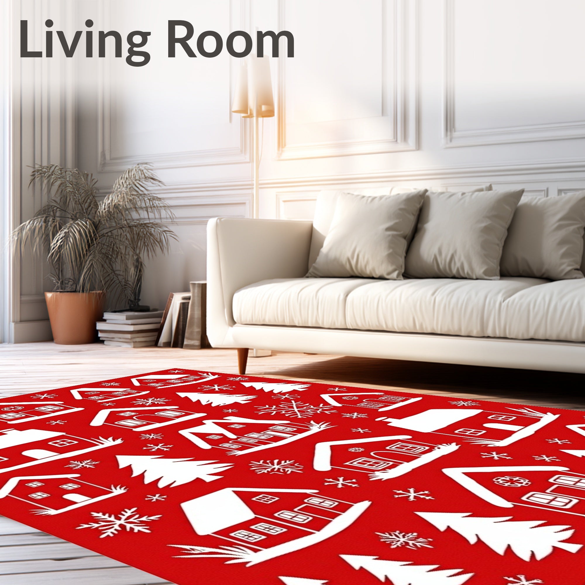 Festive Red Winter Village Snowflakes Rug