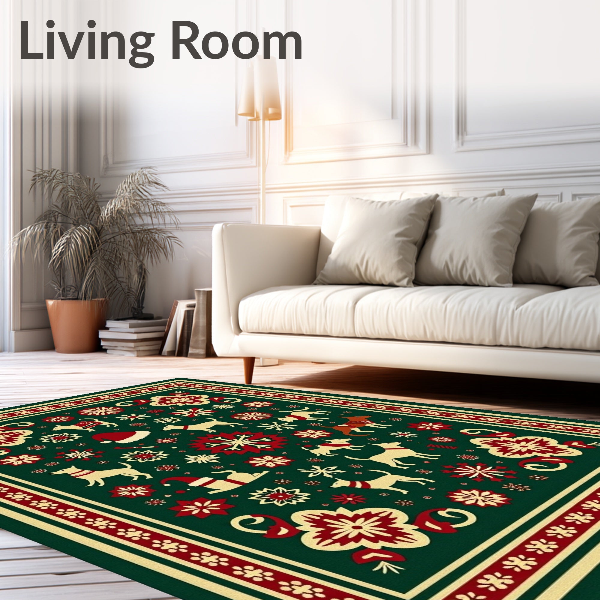 Festive Green Cream Red Dog Snowflakes Rug