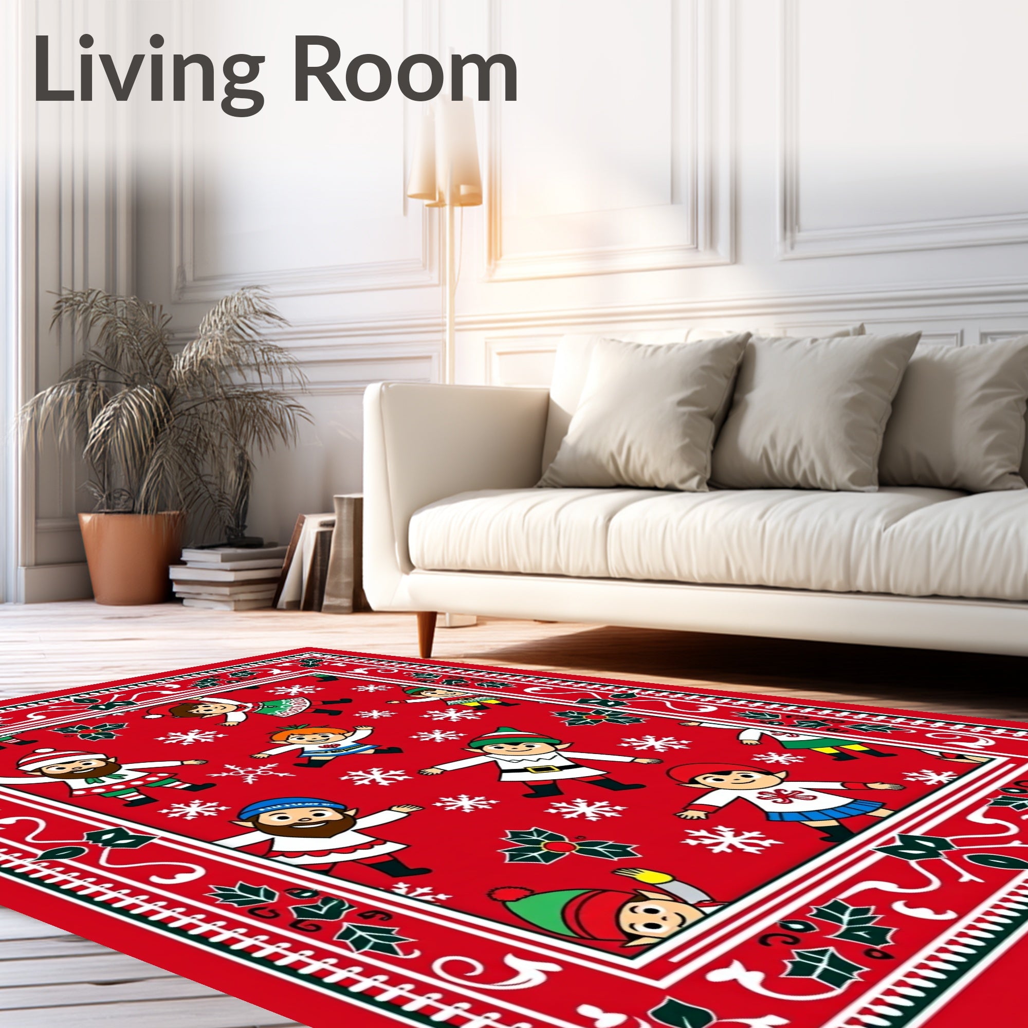Whimsical Red Elves Snowflake Christmas Rug