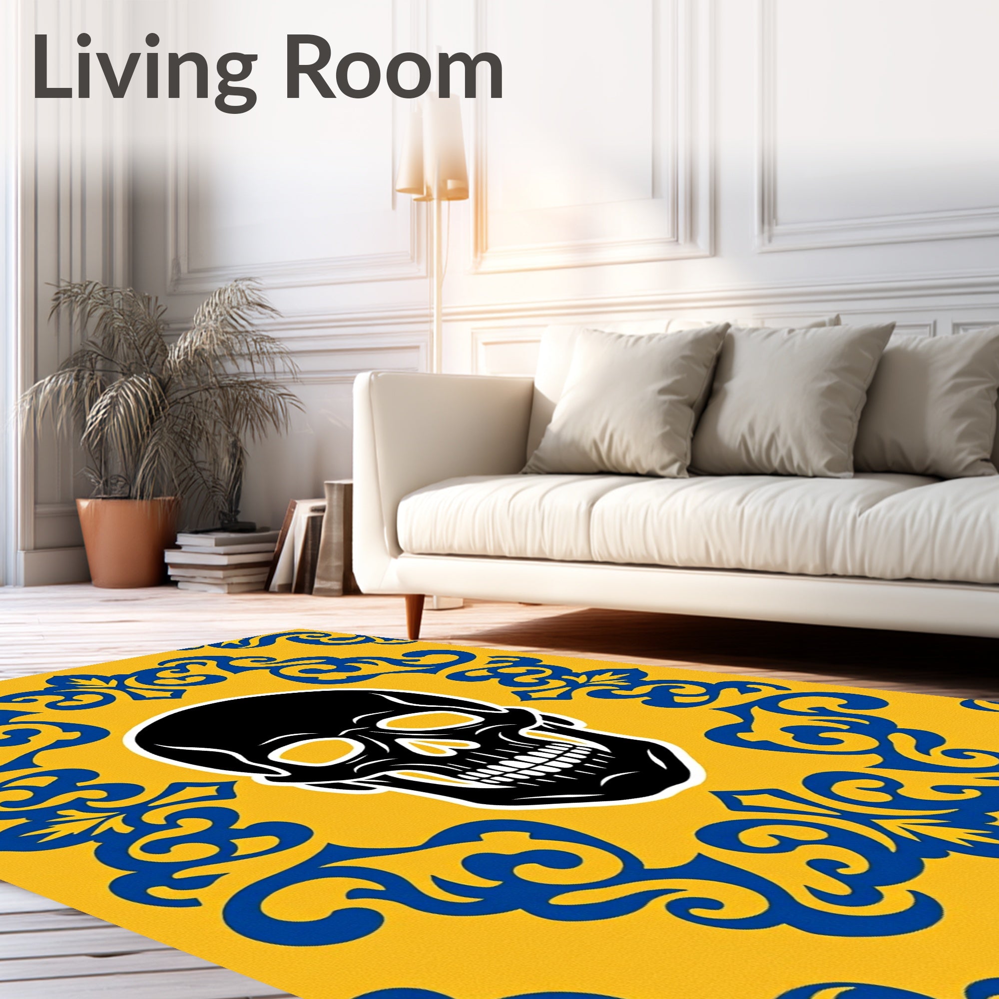 Bold Yellow Blue Skull Damask Rug