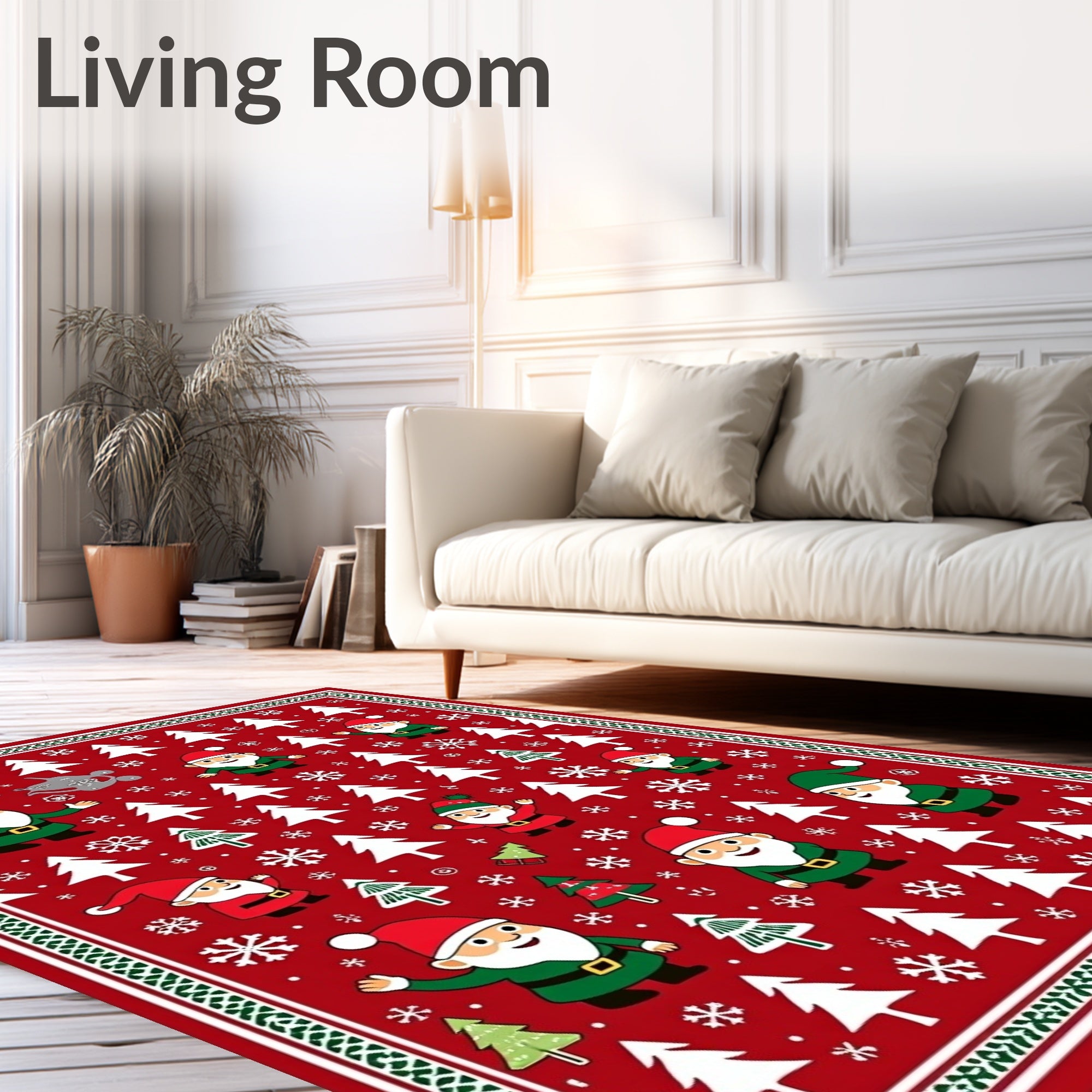 Red Christmas Gnomes Trees Snowflakes Border Rug