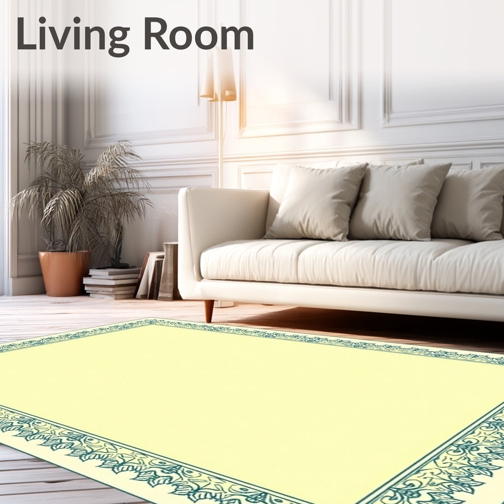 Pale Yellow Teal Ornate Border Rug