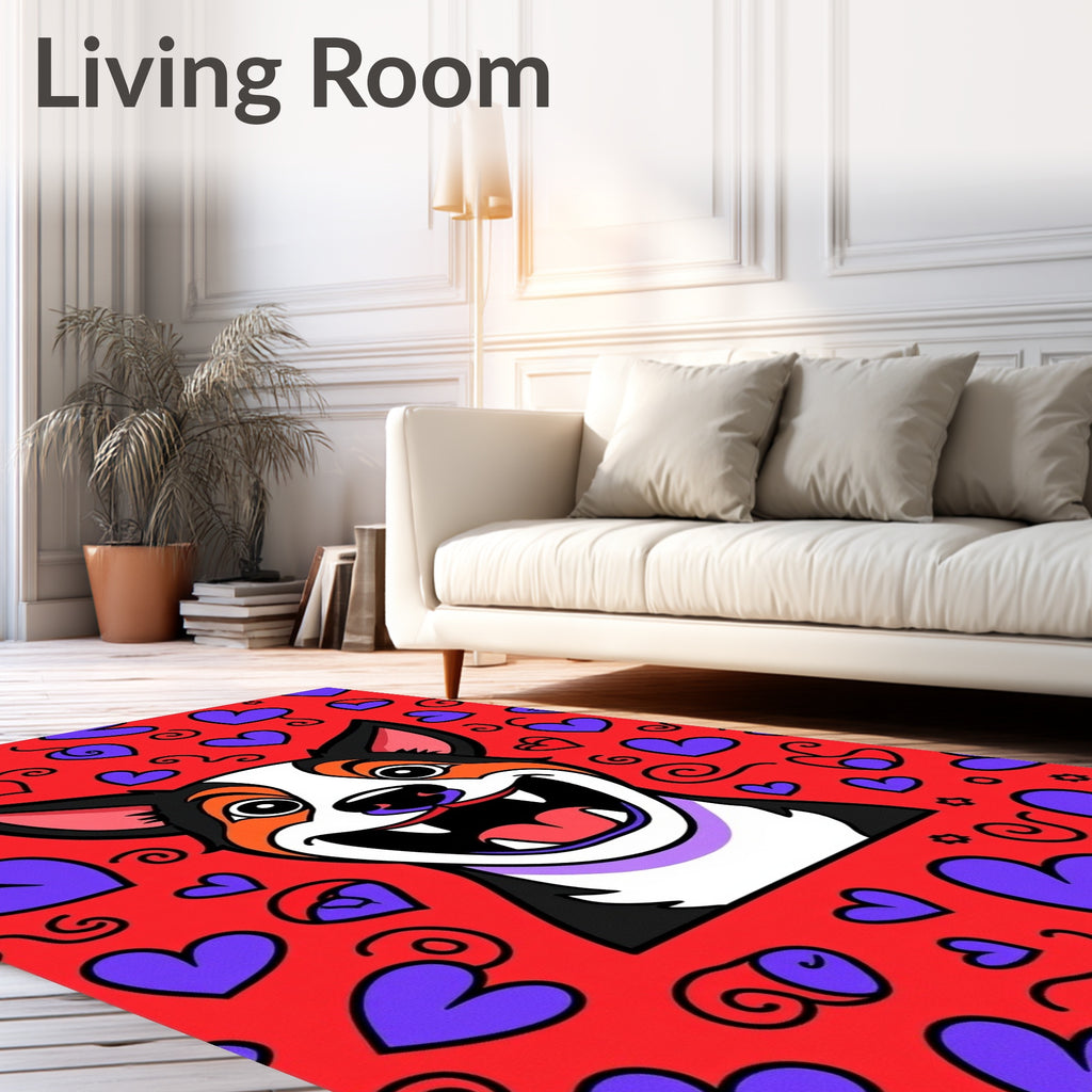 Happy Corgi Red Purple Hearts Rug
