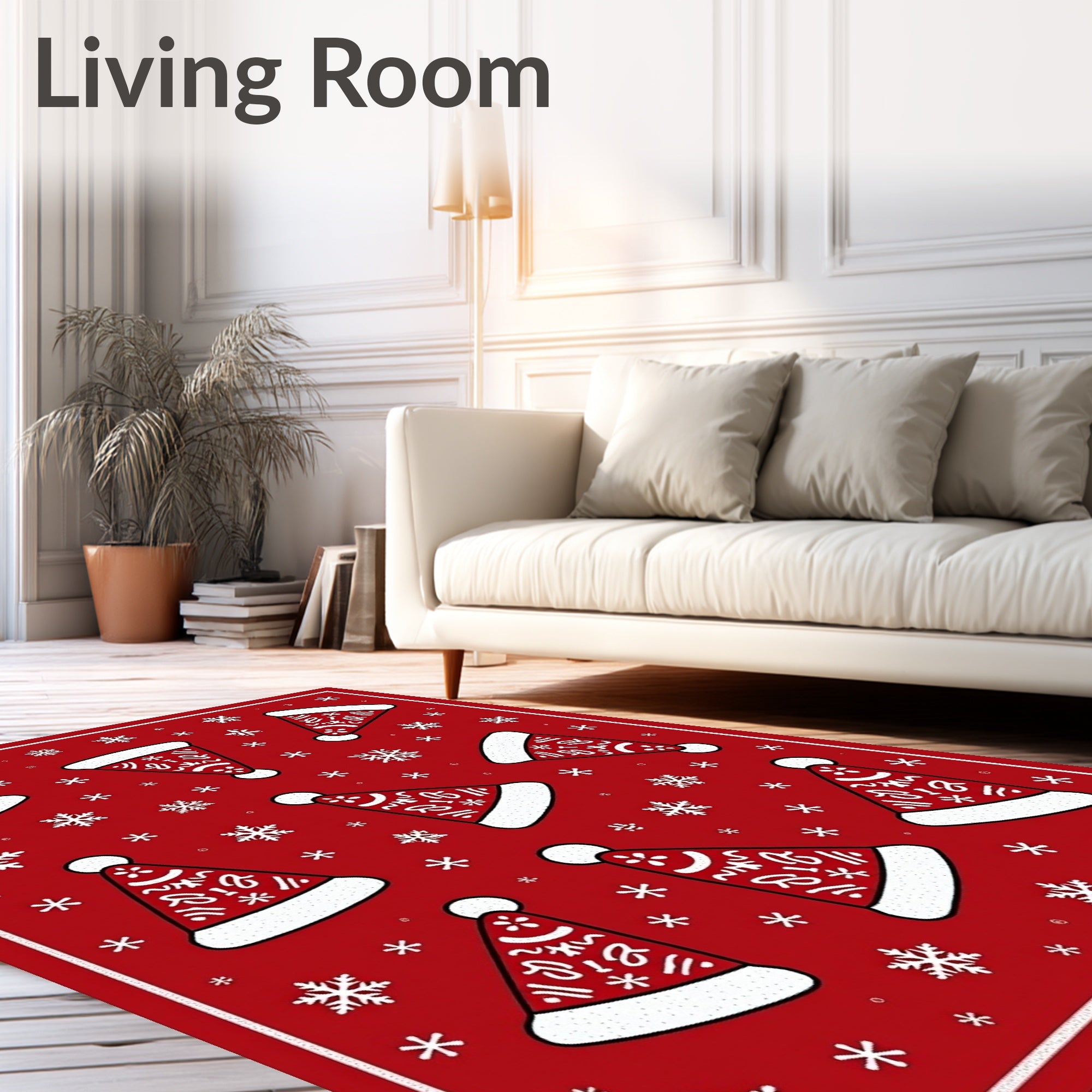 Red Santa Hats Snowflakes Repeating Pattern Rug