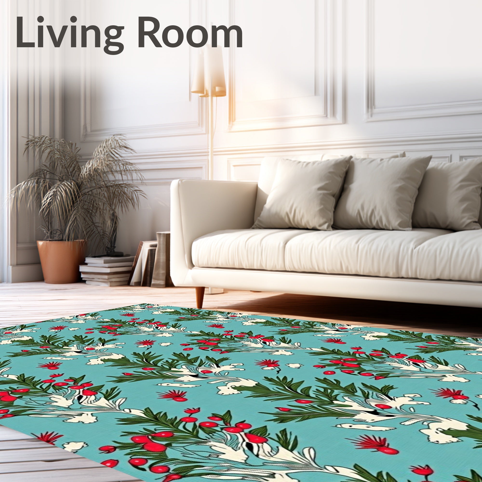 Turquoise Berry Branch Whimsical Folk Rug