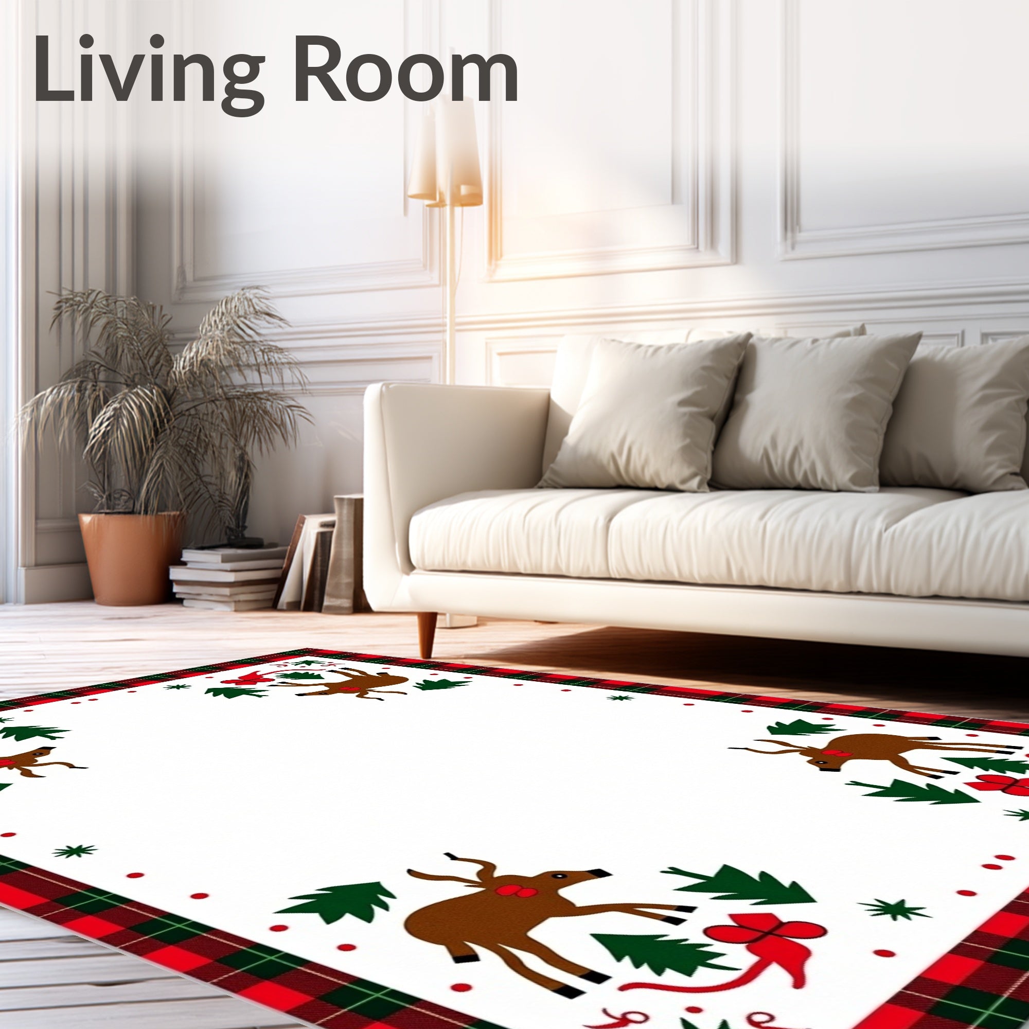 Festive Red Green Plaid Deer Collection Rug