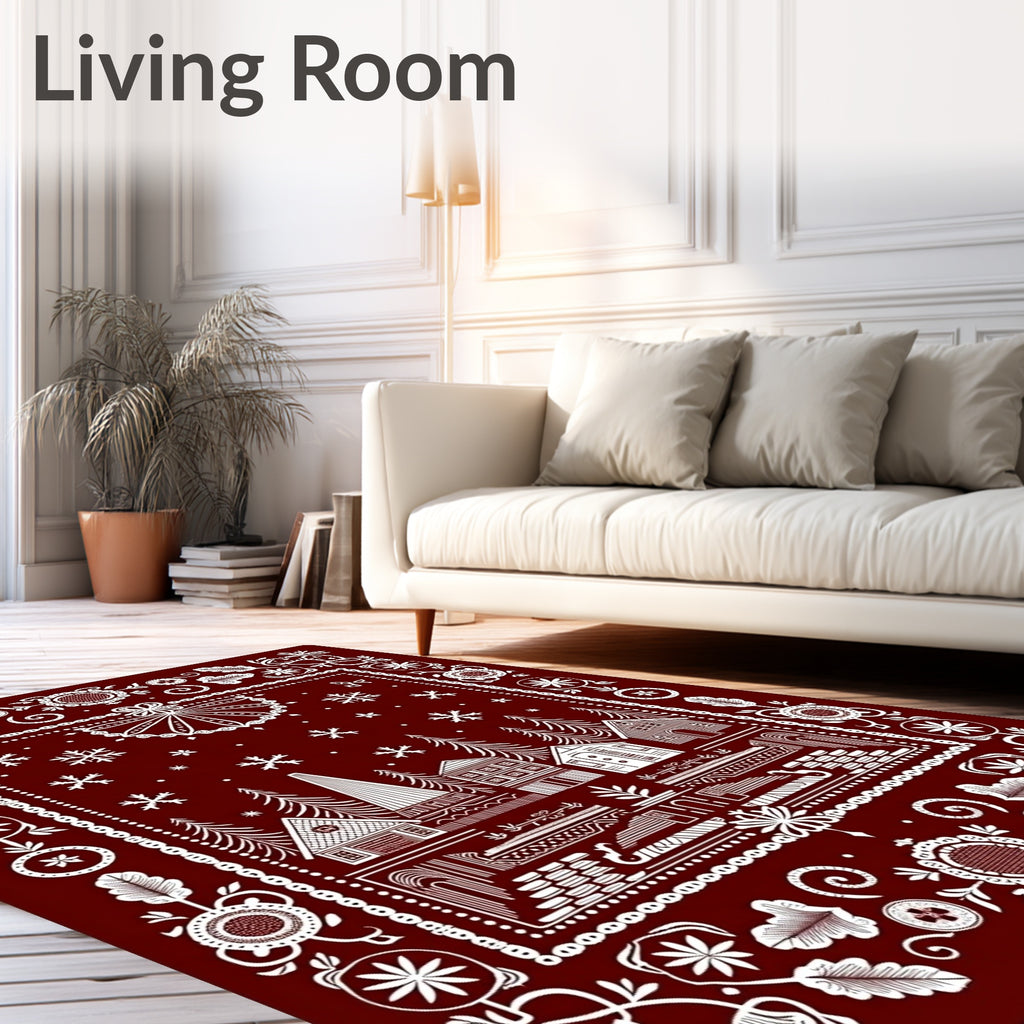 Deep Red Winter Village Folk Art Rug