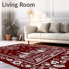Deep Red Winter Village Folk Art Rug