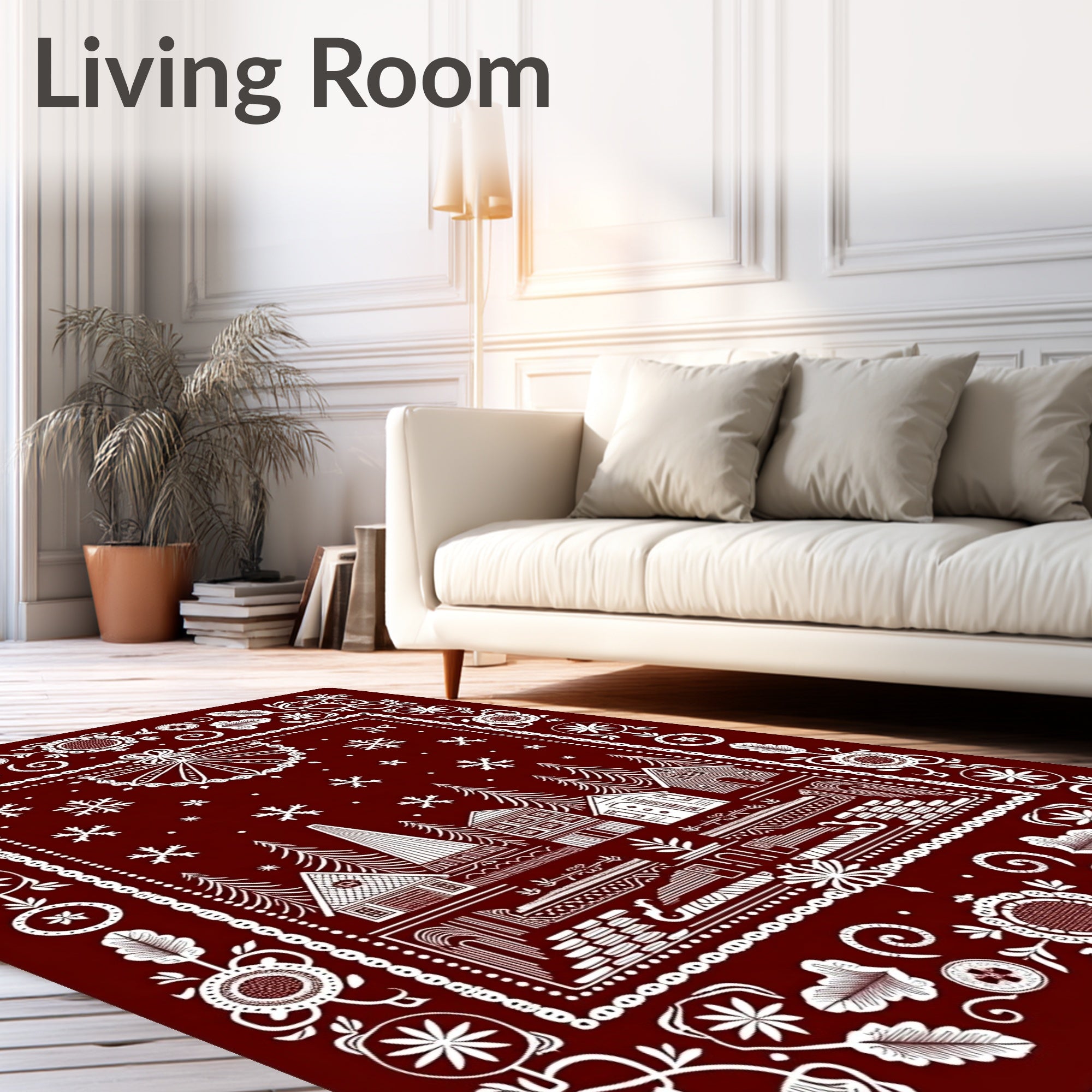 Deep Red Winter Village Folk Art Rug