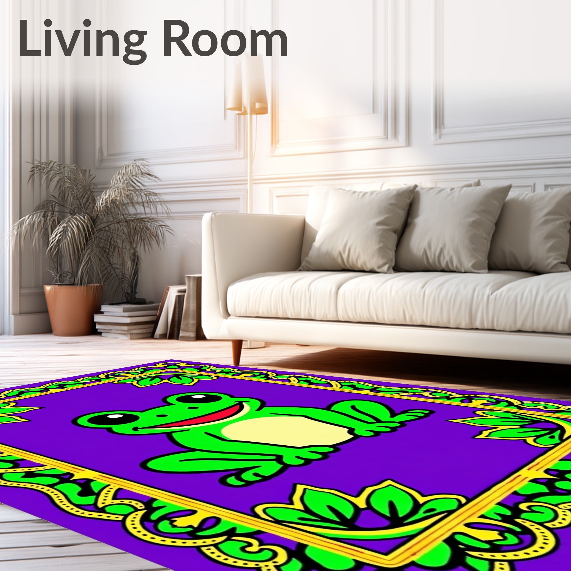 Happy Green Frog With Yellow Border Rug