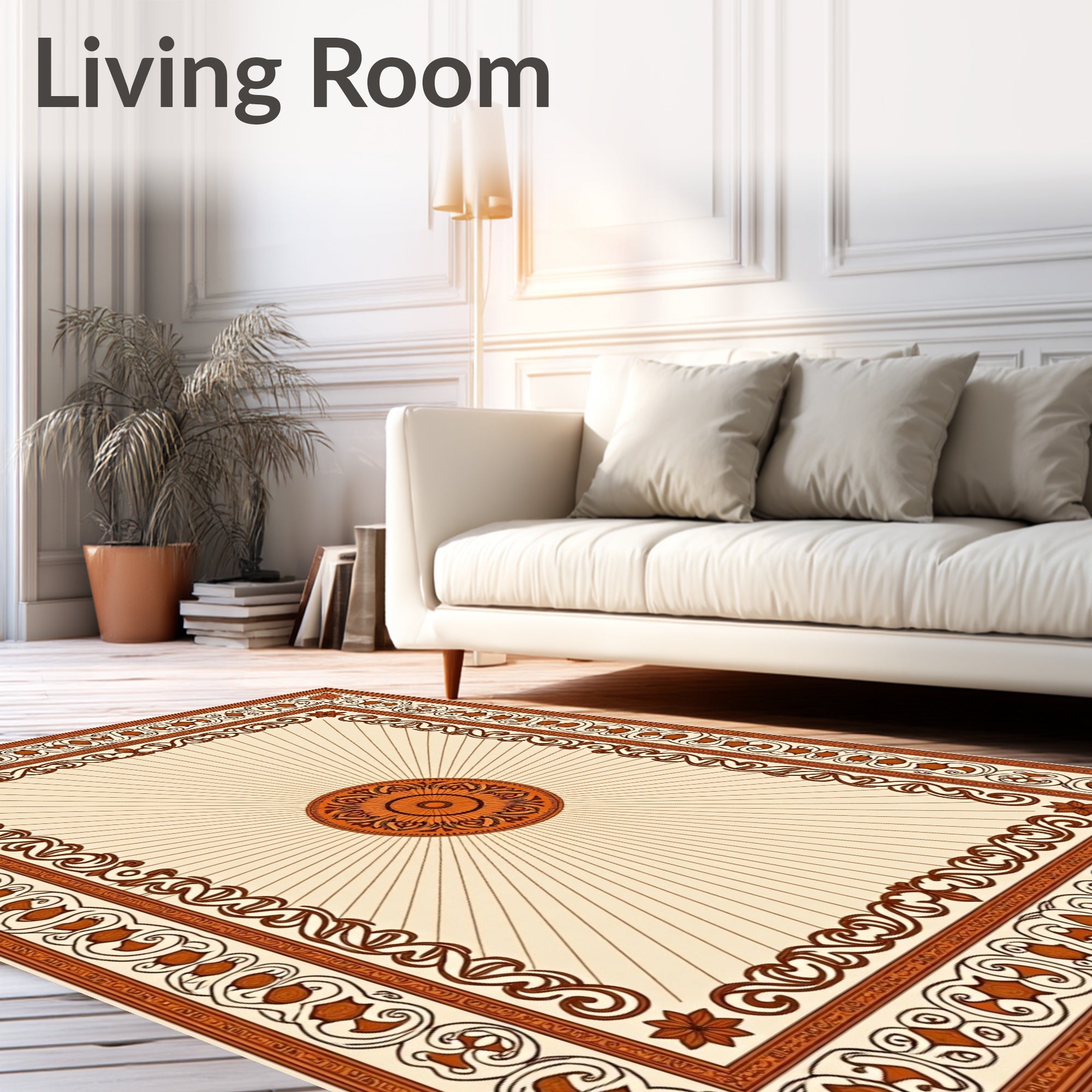 Ornate Sunburst Medallion Brown Border Rug