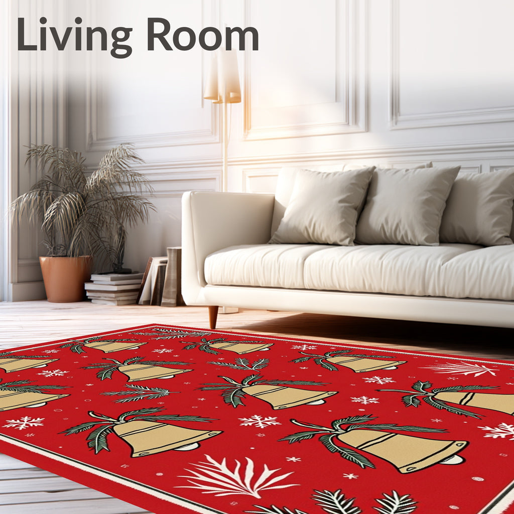 Gold Bell Sprig Snowflake Red Rug