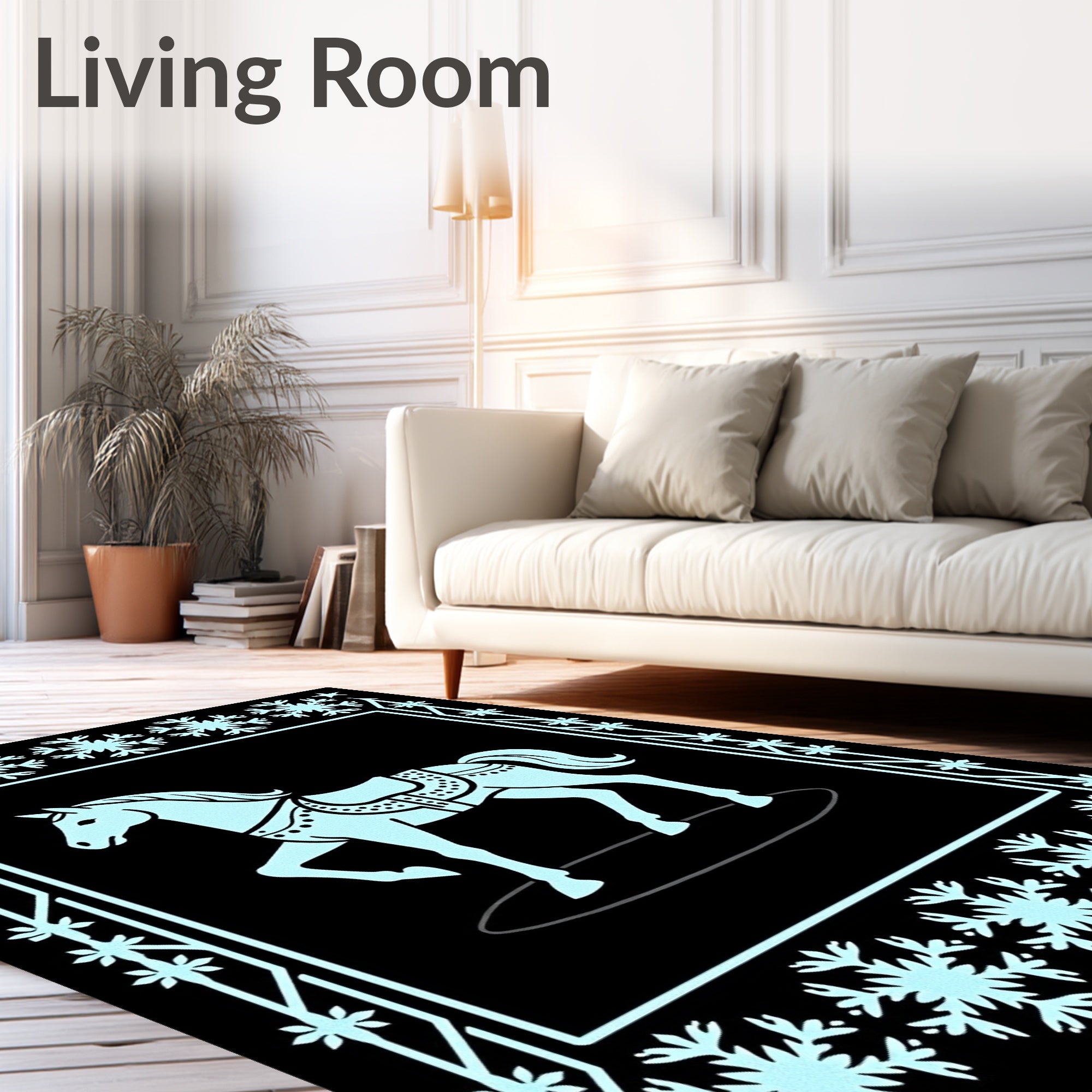 Light Blue Carousel Horse Snowflake Border Rug