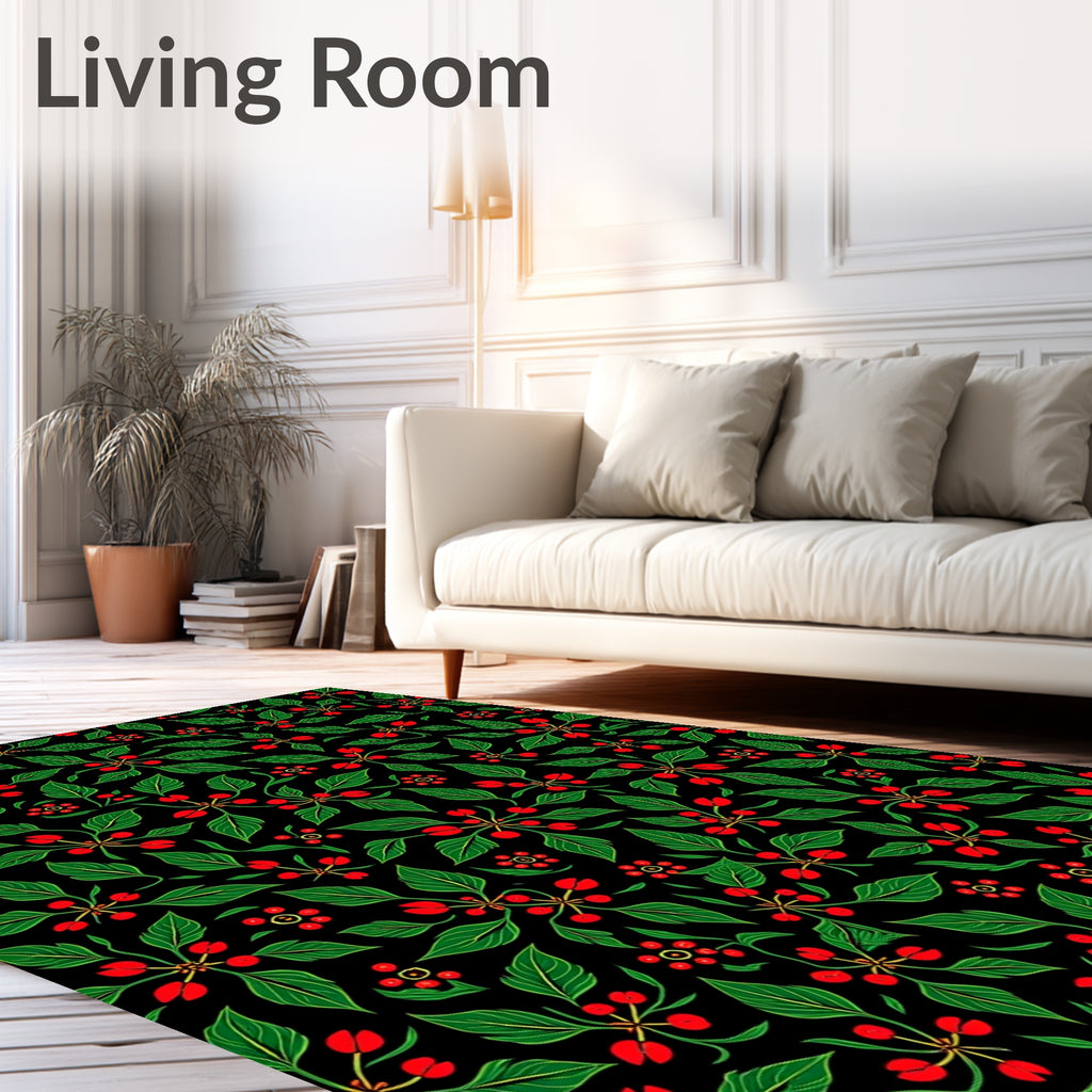 Black Green Red Berry Floral Rug