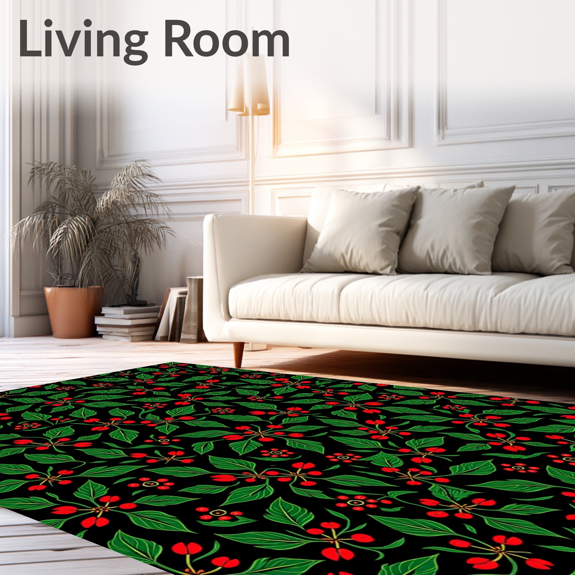 Black Green Red Berry Floral Rug