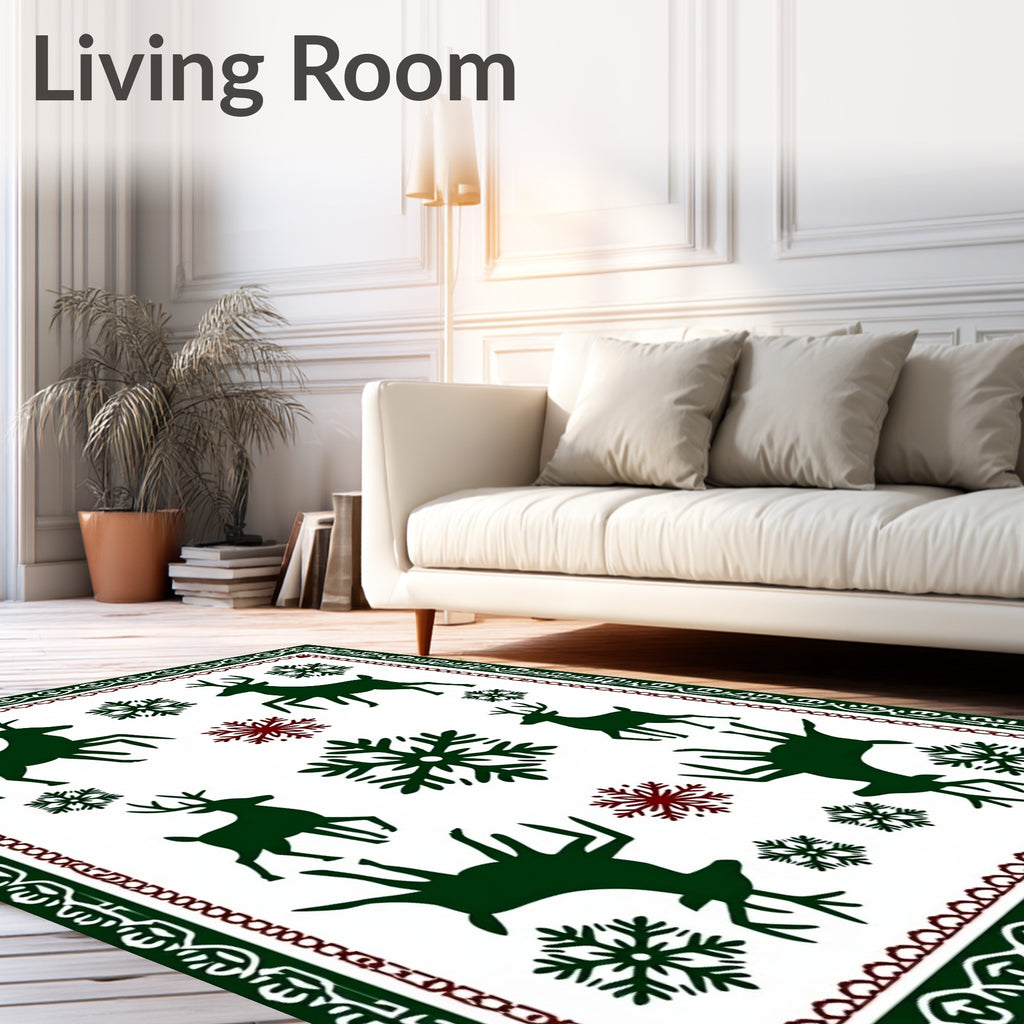 Green Dark Red Deer Snowflakes Border Rug