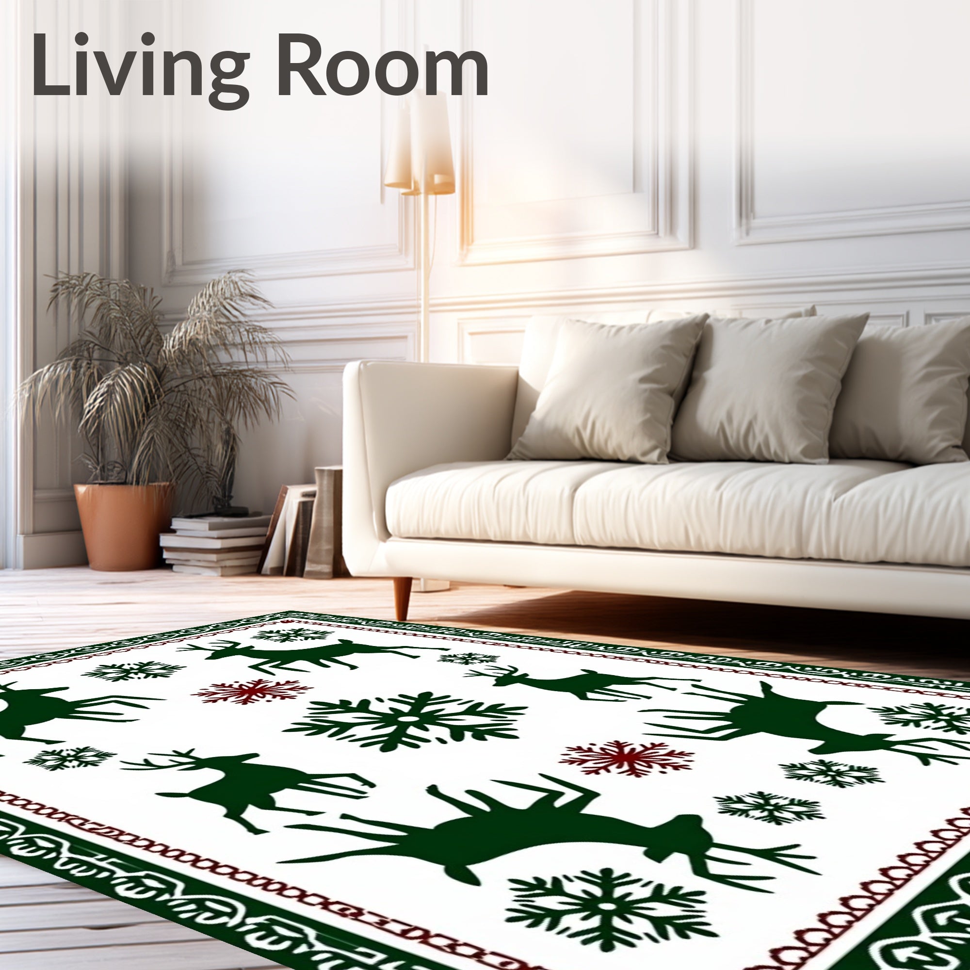 Green Dark Red Deer Snowflakes Border Rug