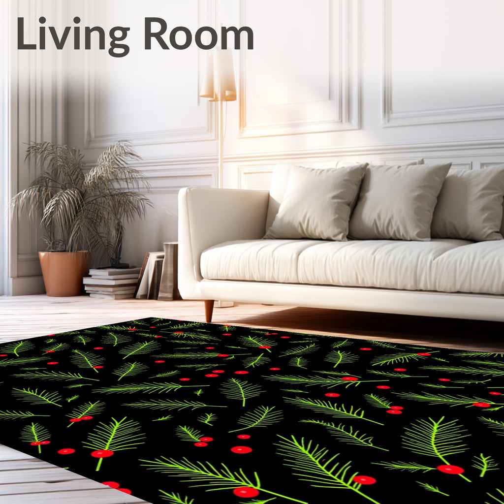 Green Pine Branches Red Berries Rug