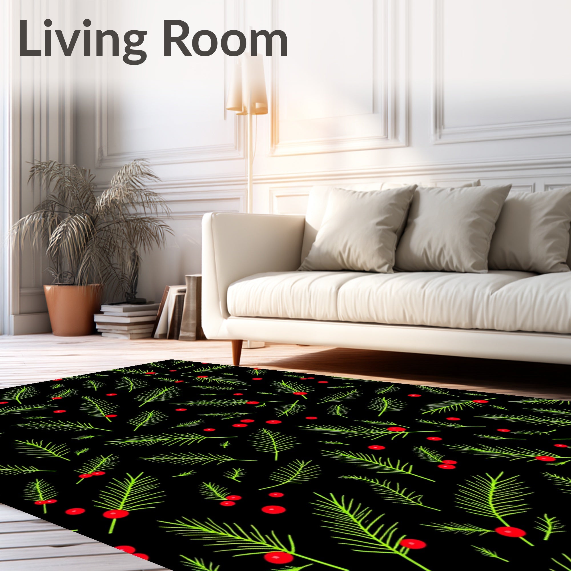 Green Pine Branches Red Berries Rug