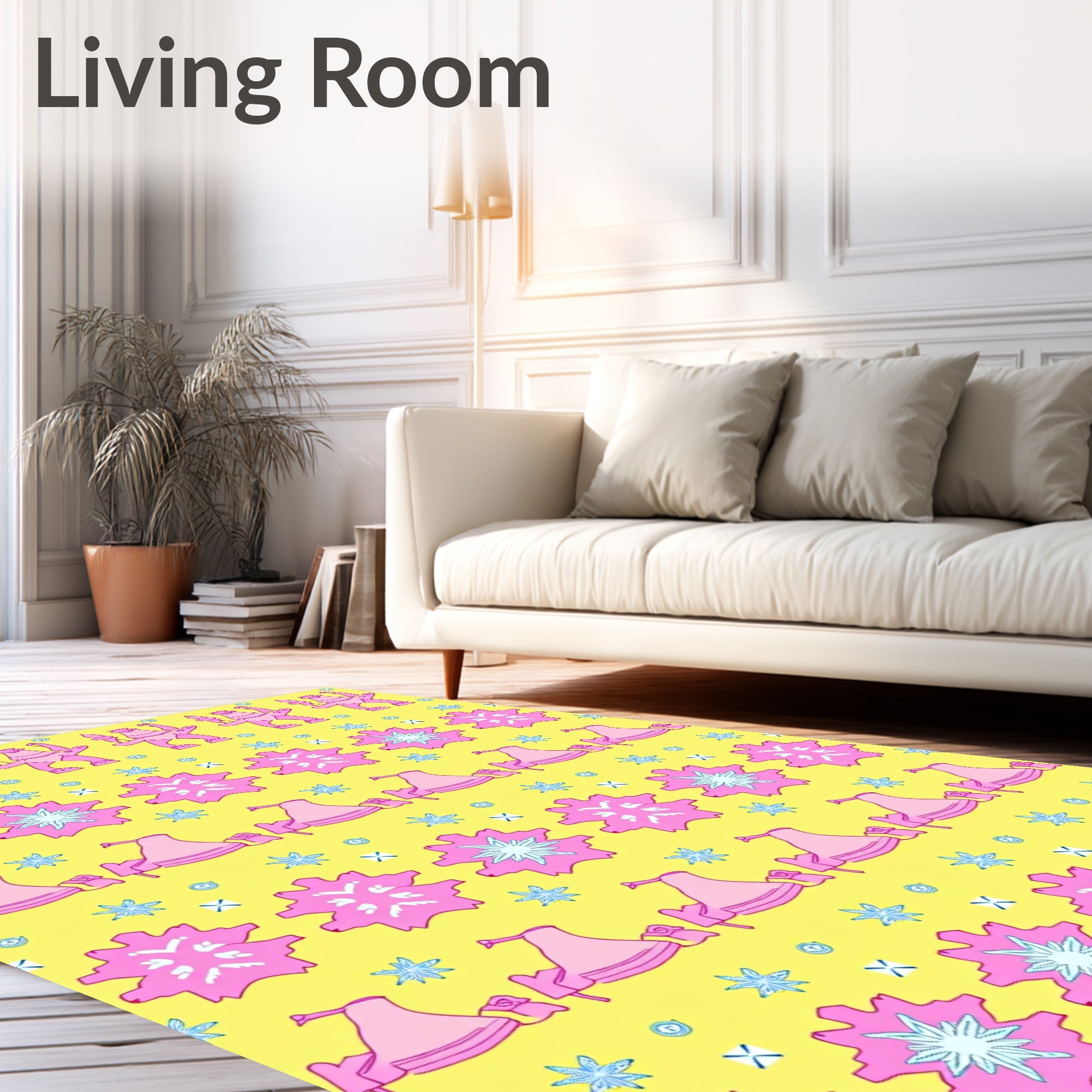 Whimsical Pink Figures Yellow Field Rug
