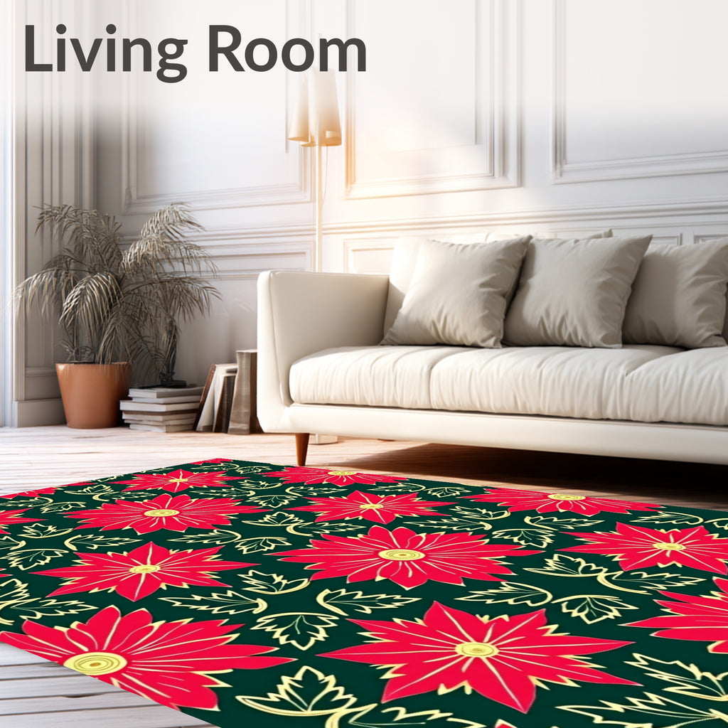 Crimson Flower Swirl Green Background Rug