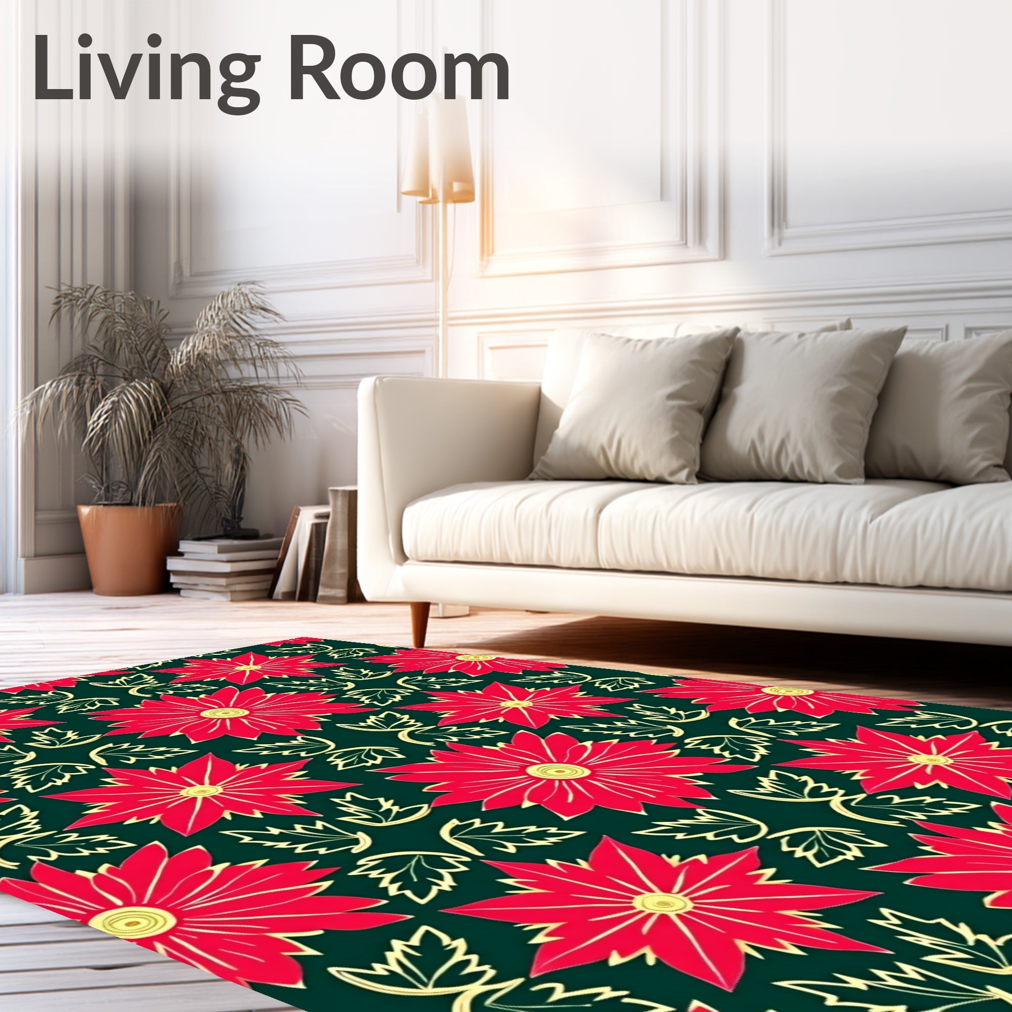 Crimson Flower Swirl Green Background Rug