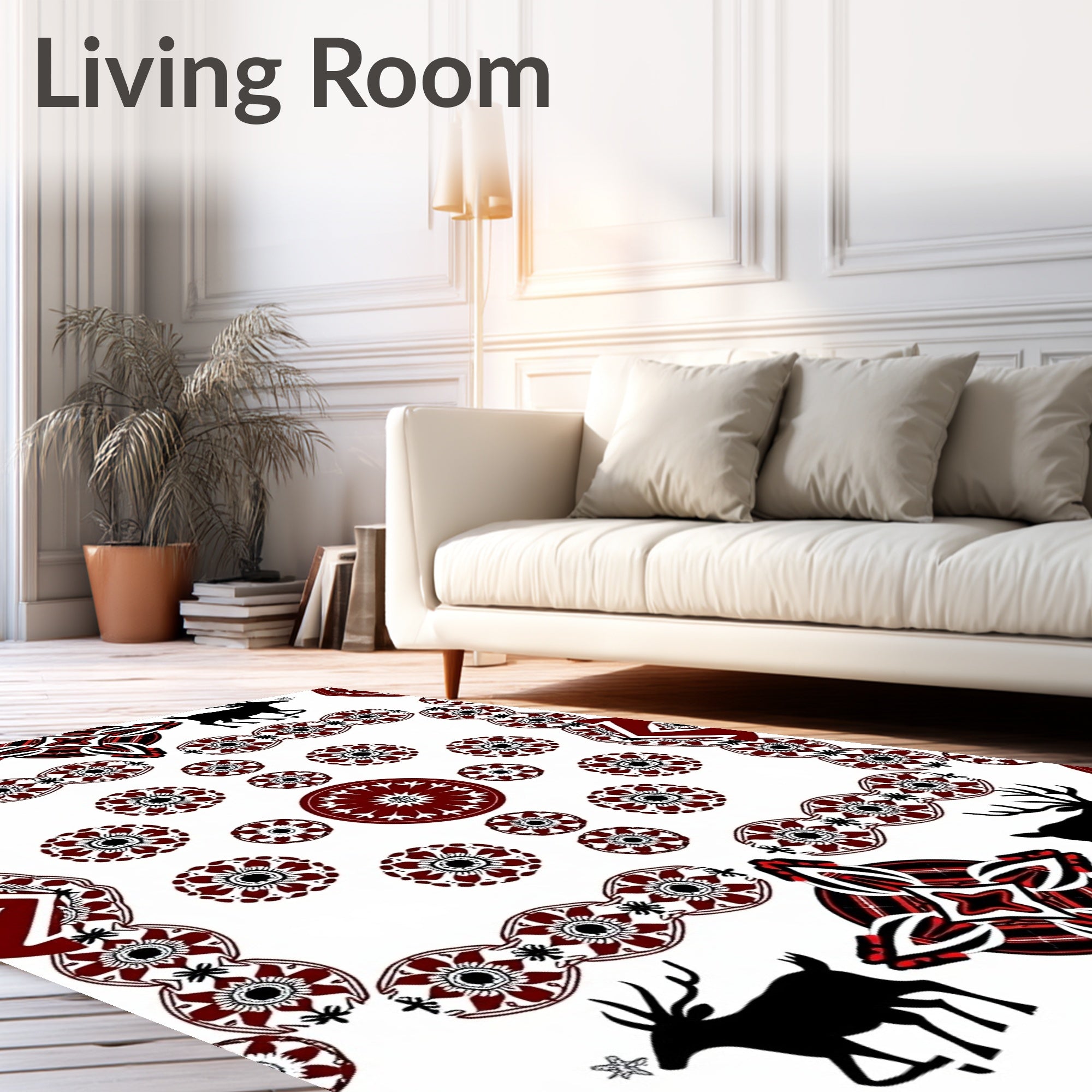 Crimson Deer Red Medallion Scene Rug