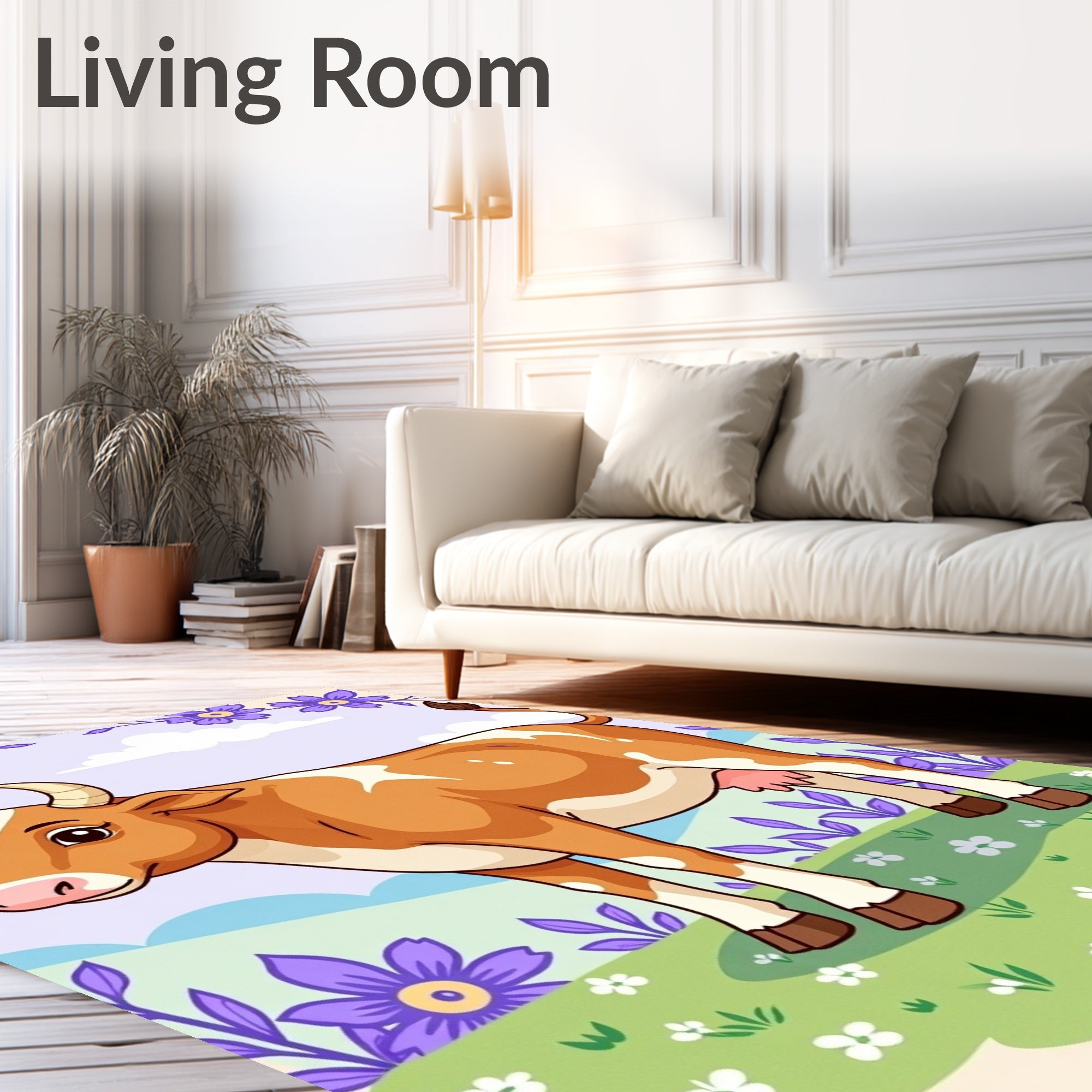Whimsical Brown Cow Floral Meadow Rug