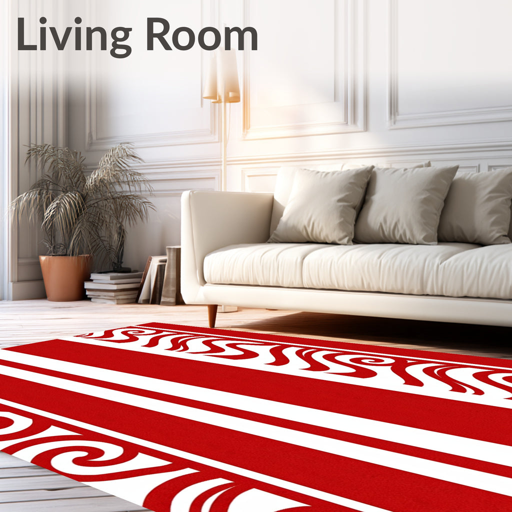 Bold Red White Striped Swirl Rug