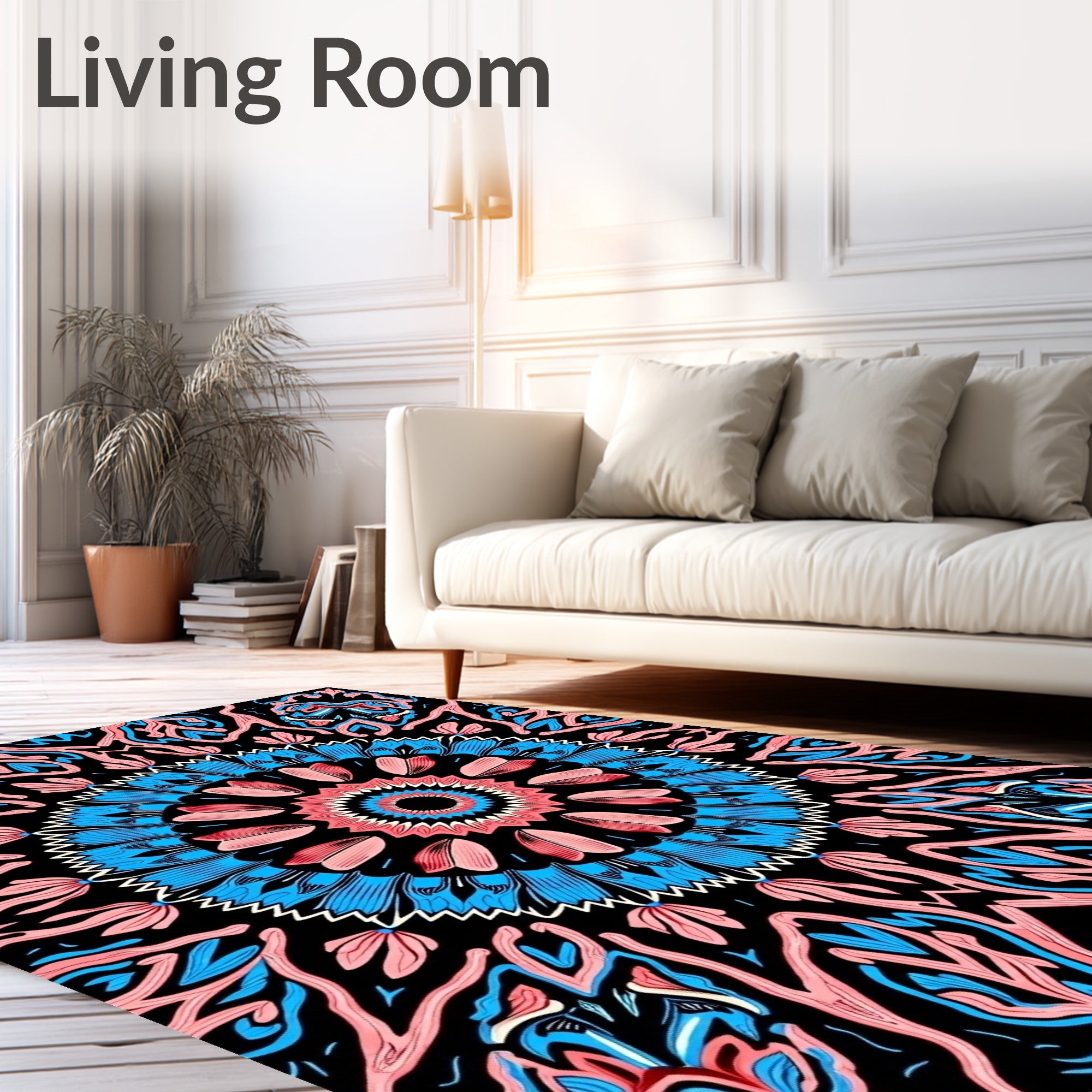 Coral Blue Swirl Mandala Rug