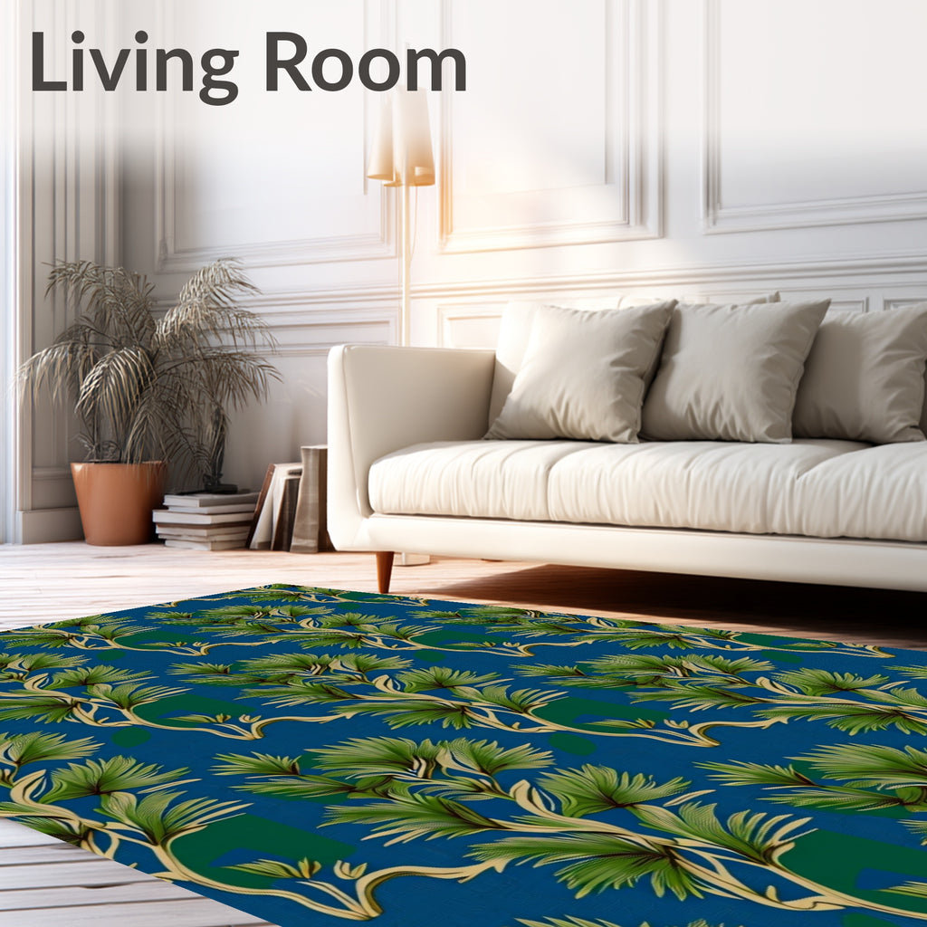 Verdant Tropical Palm Fronds On Blue Rug