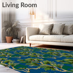Verdant Tropical Palm Fronds On Blue Rug