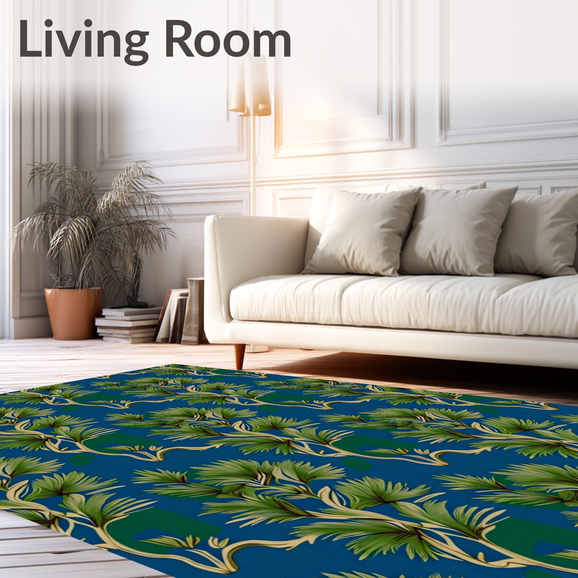 Verdant Tropical Palm Fronds On Blue Rug
