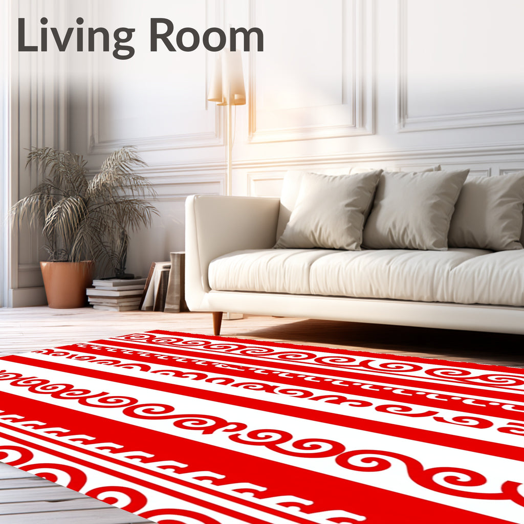 Bold Red White Striped Scroll Border Rug