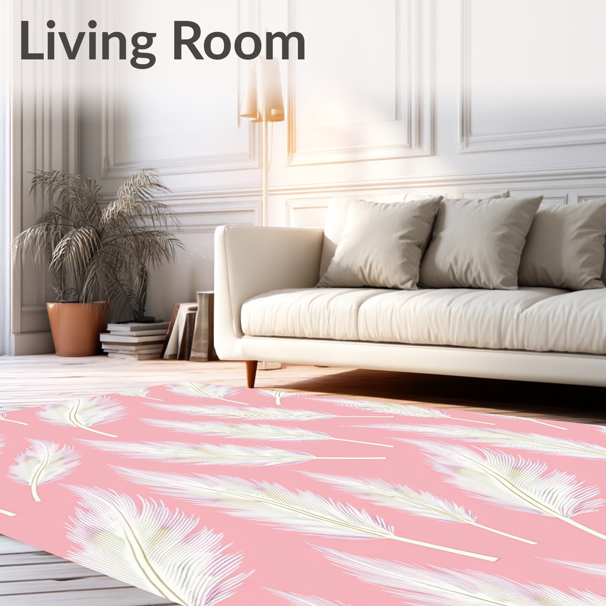 Elegant White Feather Pattern Pink Background Rug