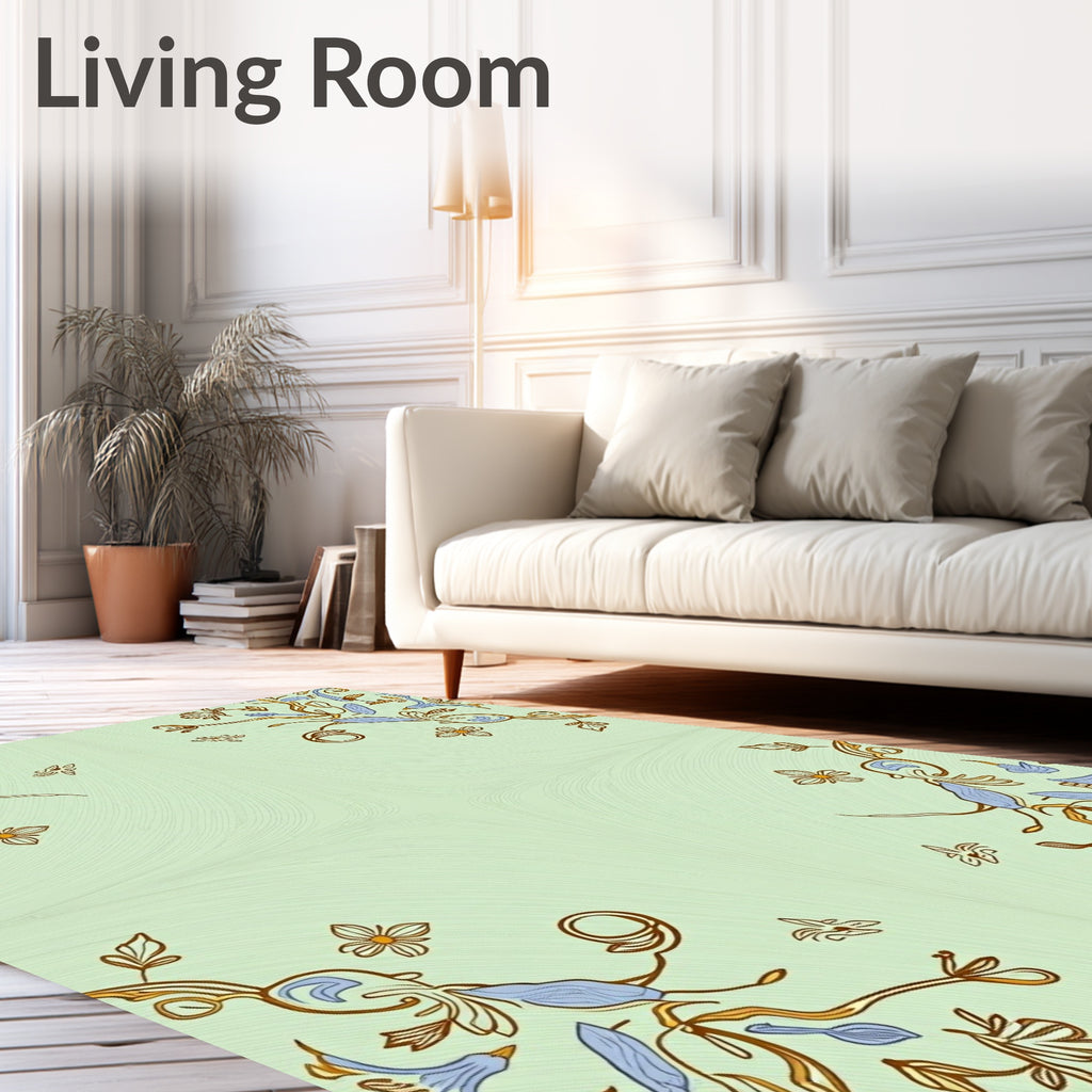 Delicate Golden Blue Floral Vines Rug
