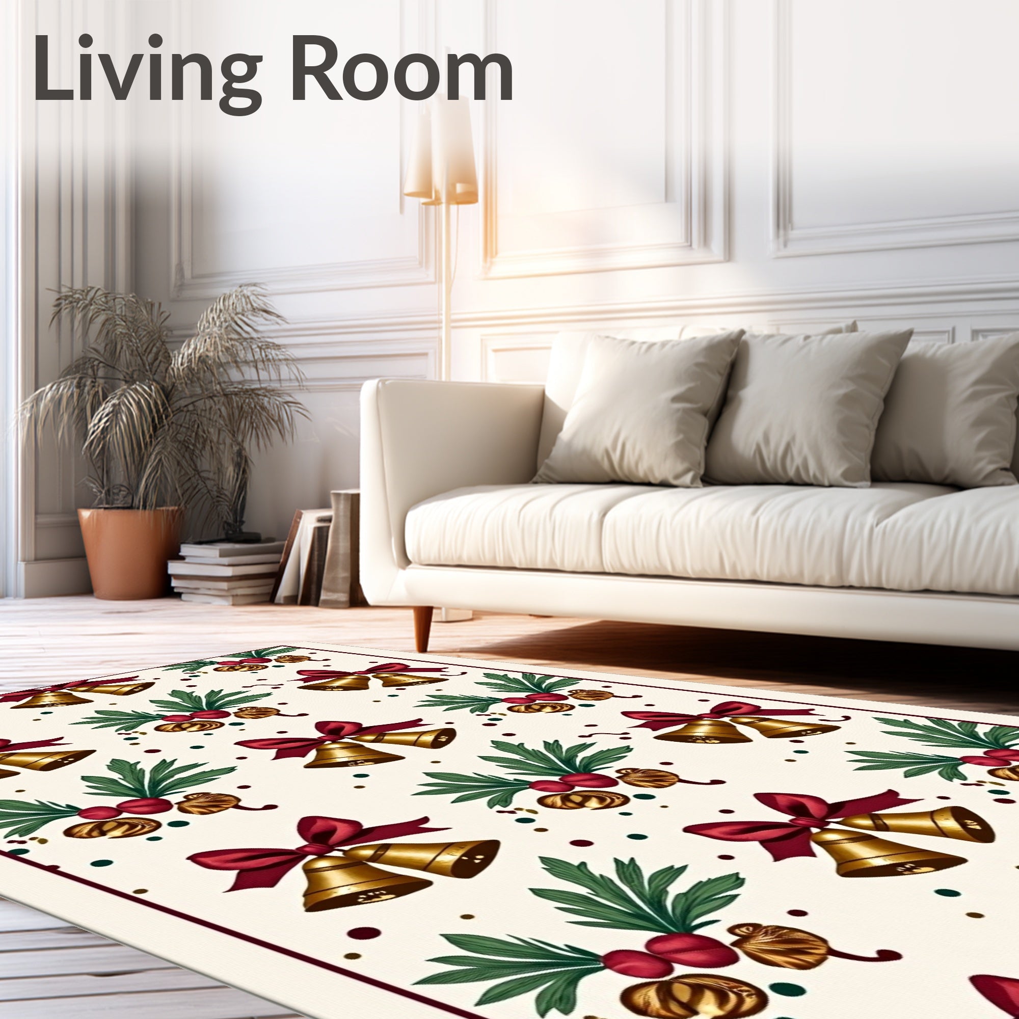 Golden Bells With Red Ribbon Holiday Rug