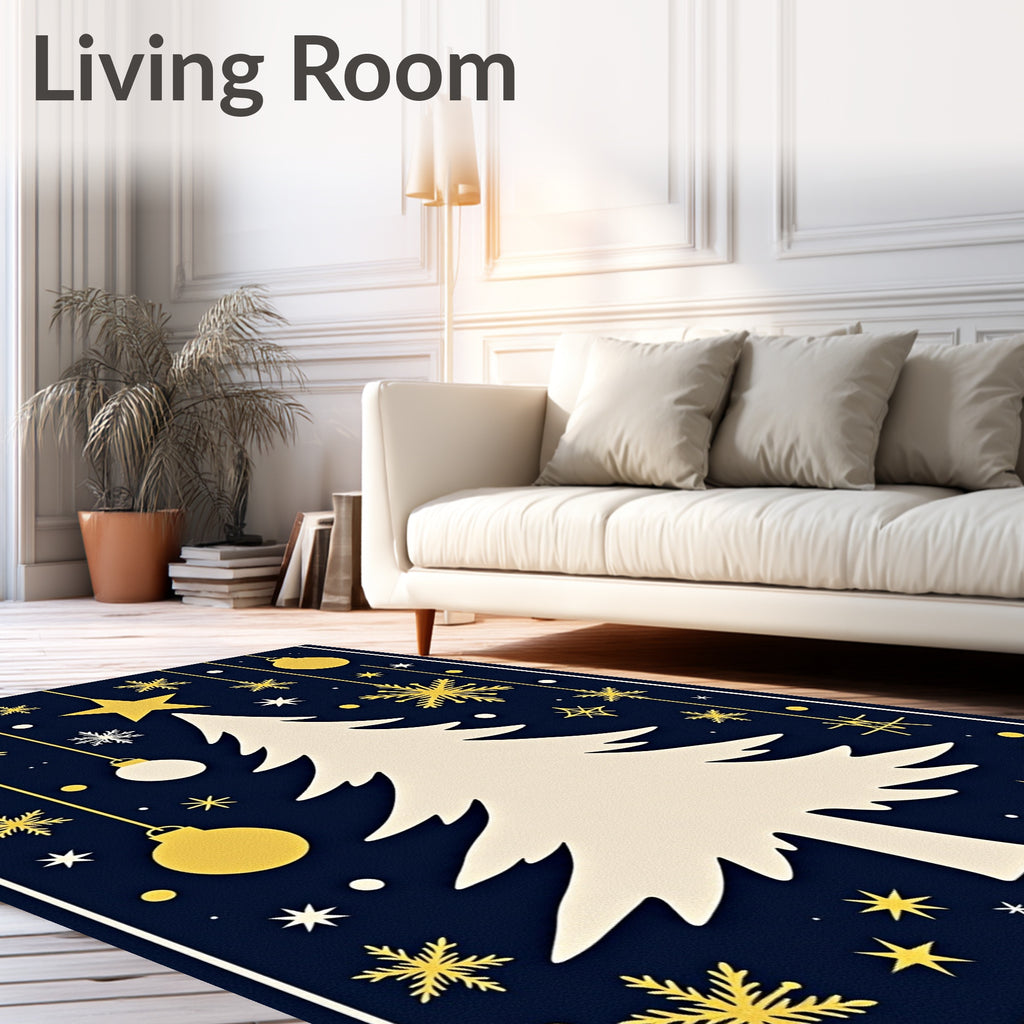Gold Snowflake Christmas Tree Night Sky Rug