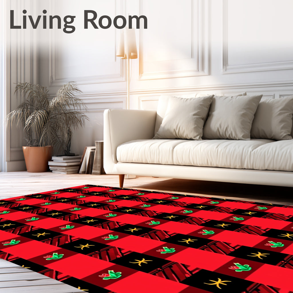 Red Black Buffalo Check Floral Motif Rug