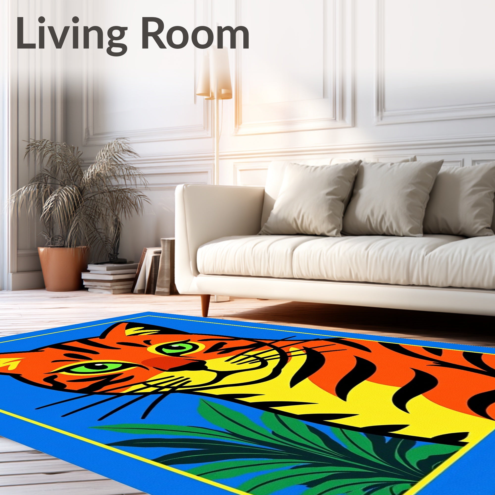 Vibrant Orange Green Cat Jungle Rug