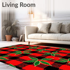Red Black Buffalo Plaid Holly Leaves Rug